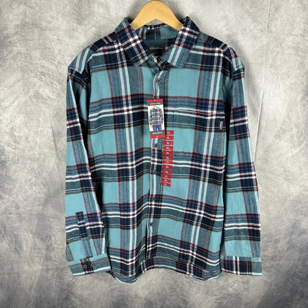 Eddie Bauer Bristol Flannel Shirt Mens XL Teal Blue Plaid Cotton‎ EMT3812S New